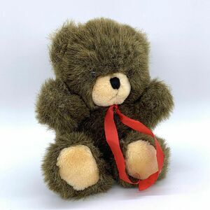 Oshko Brown & Beige Teddy Bear Plush Red Ribbon Vintage Korea